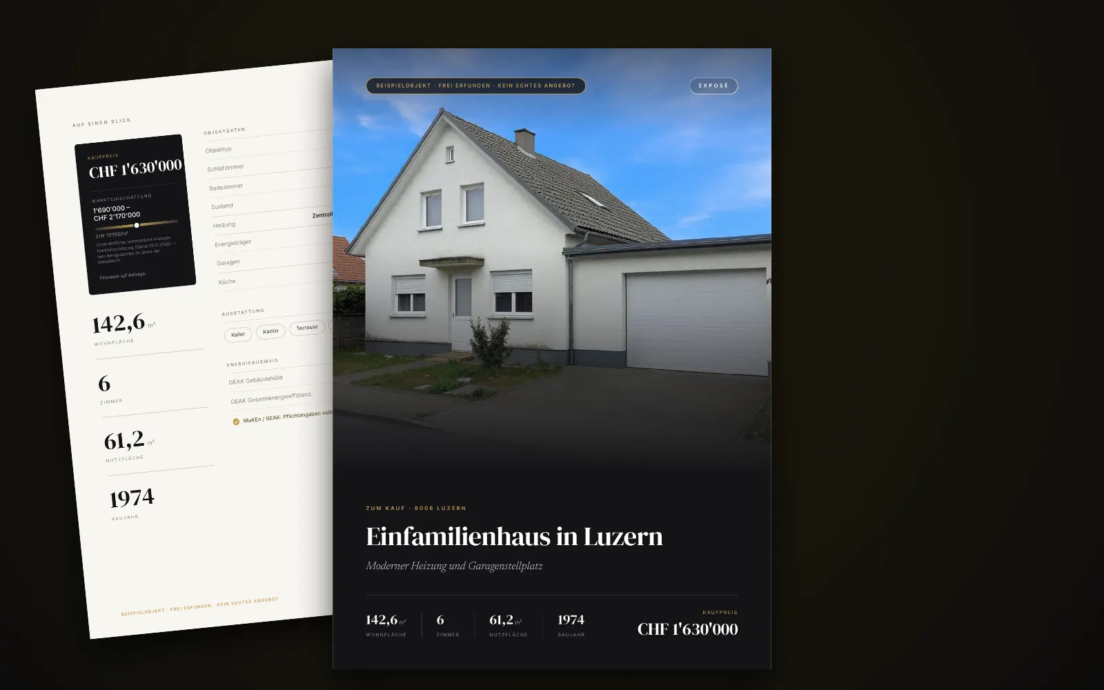 Exposé des Beispielobjekts in Luzern: Titelseite mit Foto, Titel und Kaufpreis, dahinter zwei weitere Seiten
